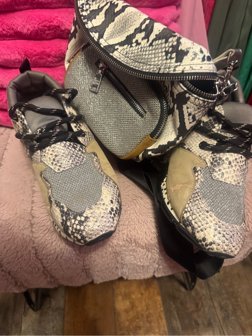Steve Madden Snake-Print Chunky Sneakers in Black, White & Tan